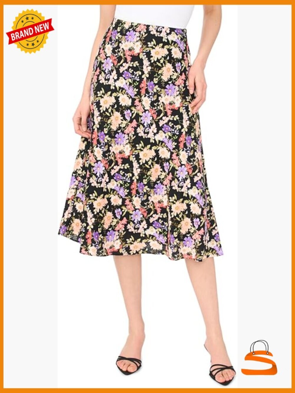 Women's Floral Linen Midi Skirt with Bias Cut & Lining